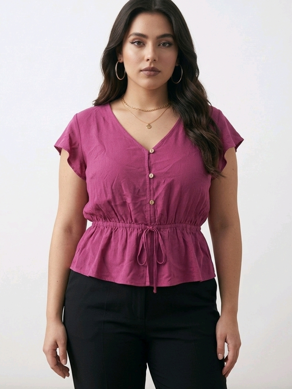 NWT Women's Button-Down Peplum Top — Berry Pink Sz Large